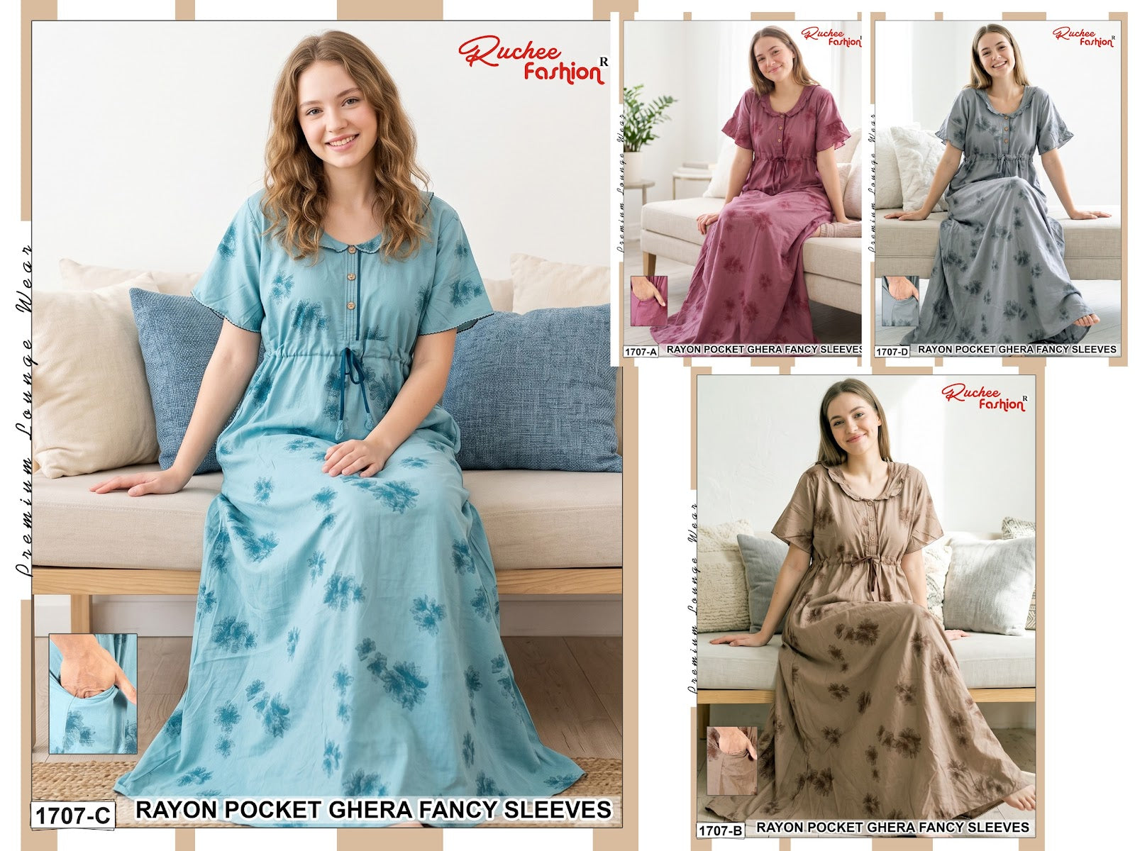 Fancy Sleeves 0809 Ruchee Fashion Rayon Night Gowns Wholesaler