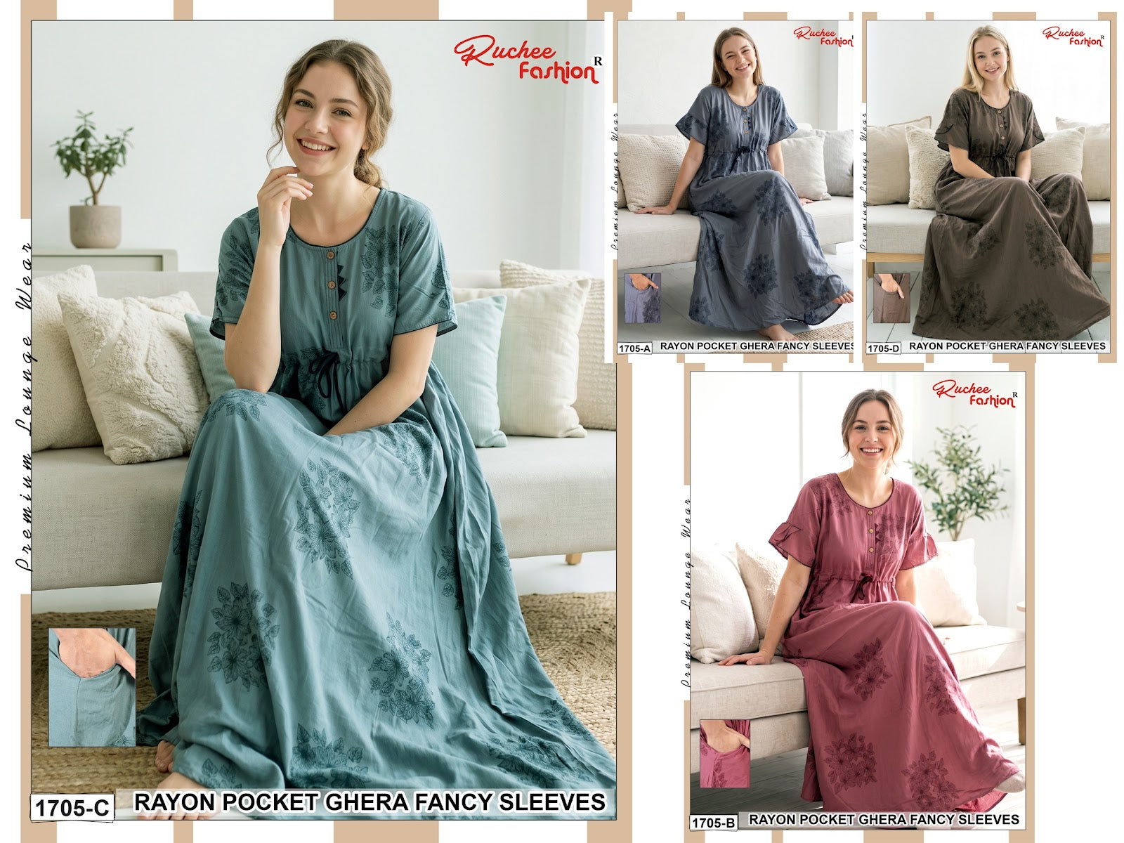 Fancy Sleeves 0809 Ruchee Fashion Rayon Night Gowns Wholesaler