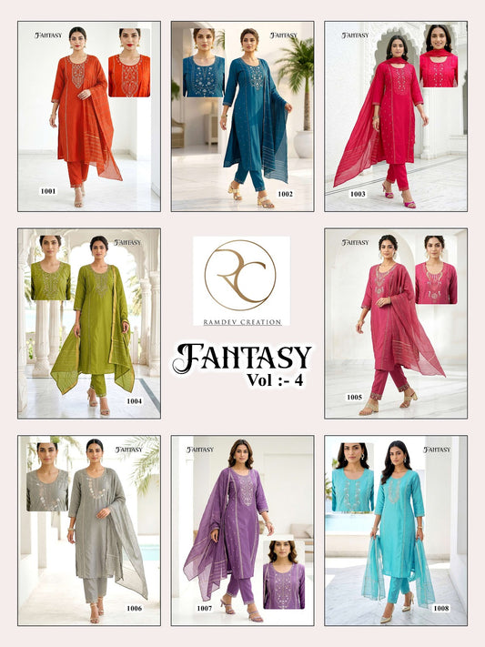 Fantasy Vol 4 Ramdev Creation Roman Silk Readymade Pant Style Suits Wholesale Price