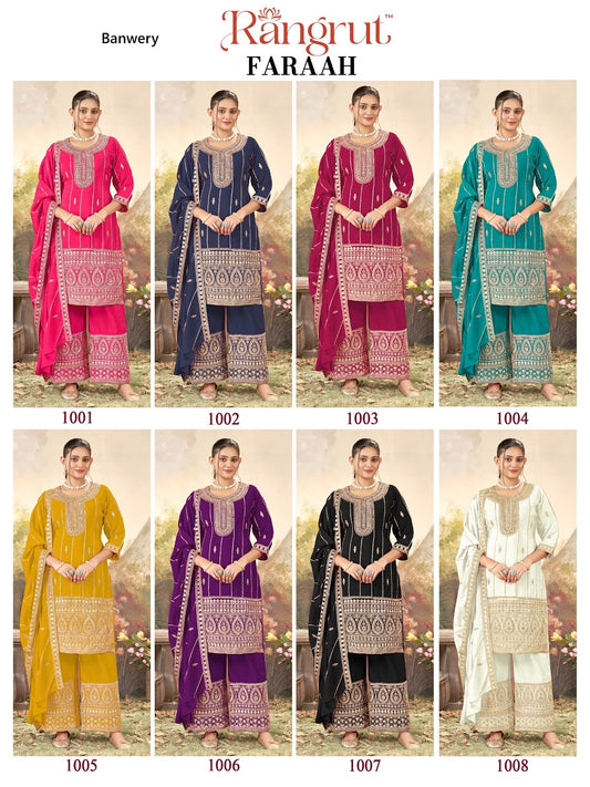 Faraah Rangrut Banwery Chinnon Readymade Plazzo Style Suits Wholesaler Ahmedabad