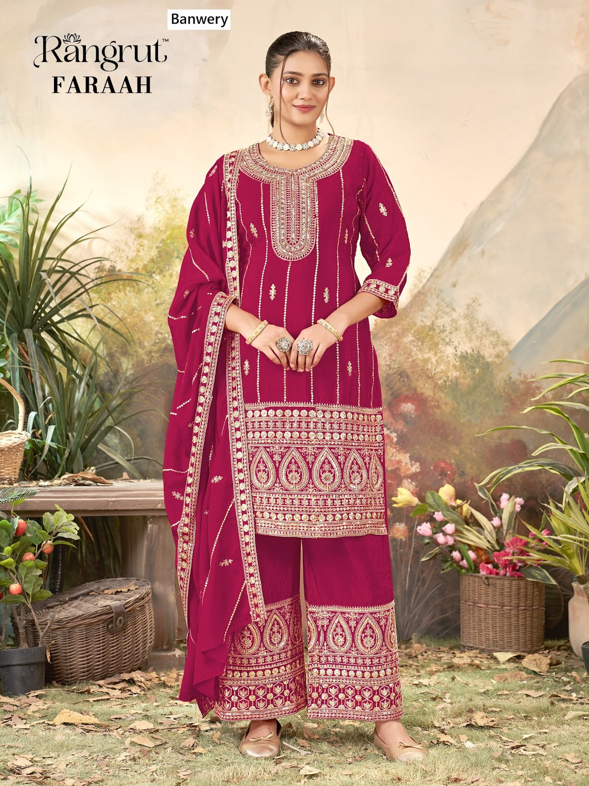 Faraah Rangrut Banwery Chinnon Readymade Plazzo Style Suits Wholesaler Ahmedabad