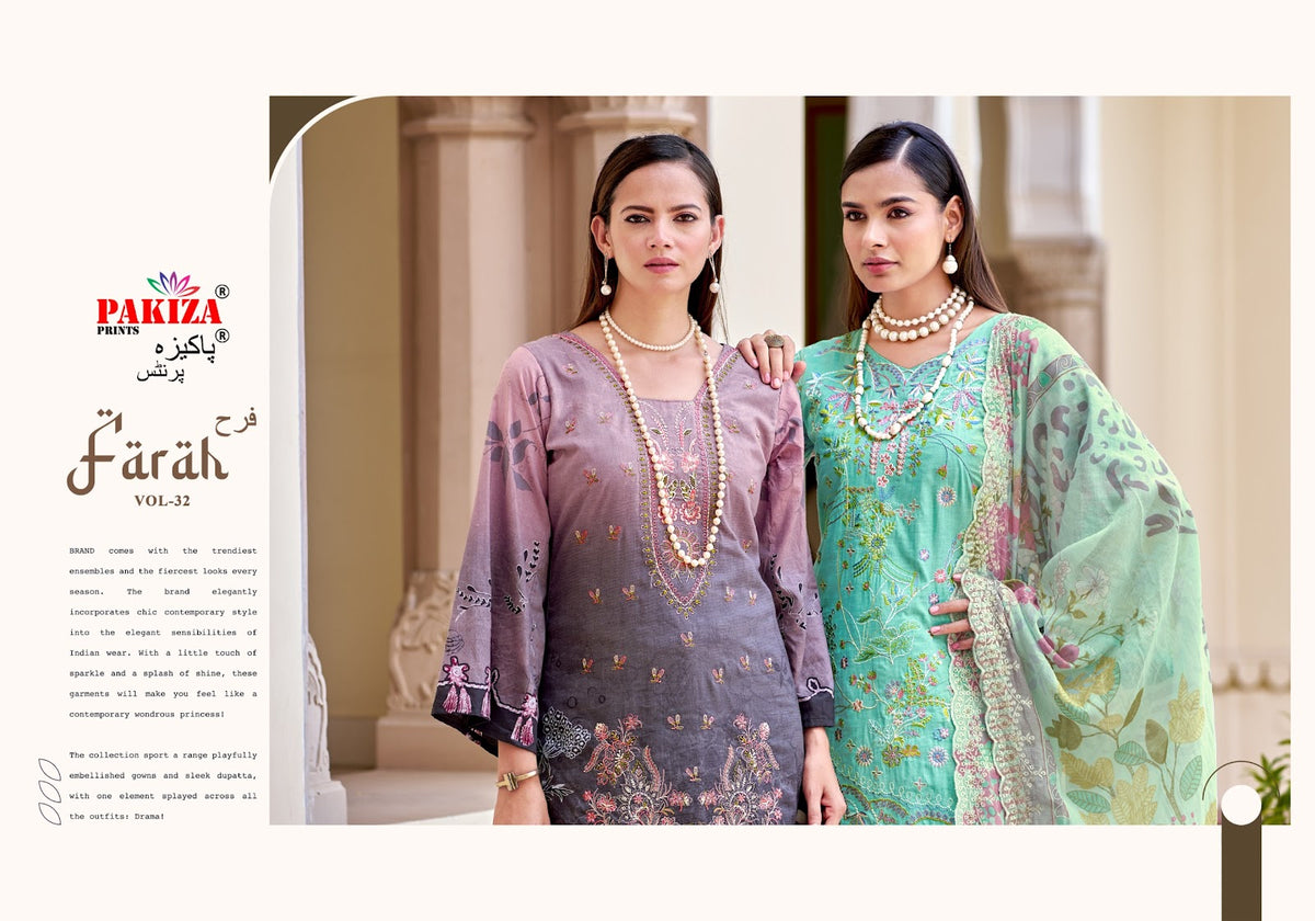 Farah Vol 32 Pakiza Prints Lawn Cotton Karachi Salwar Suits Manufacturer Gujarat