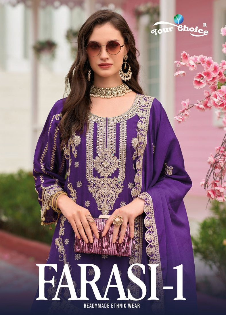 Farasi 1 Your Choice Chinon Pakistani Readymade Suits Wholesaler