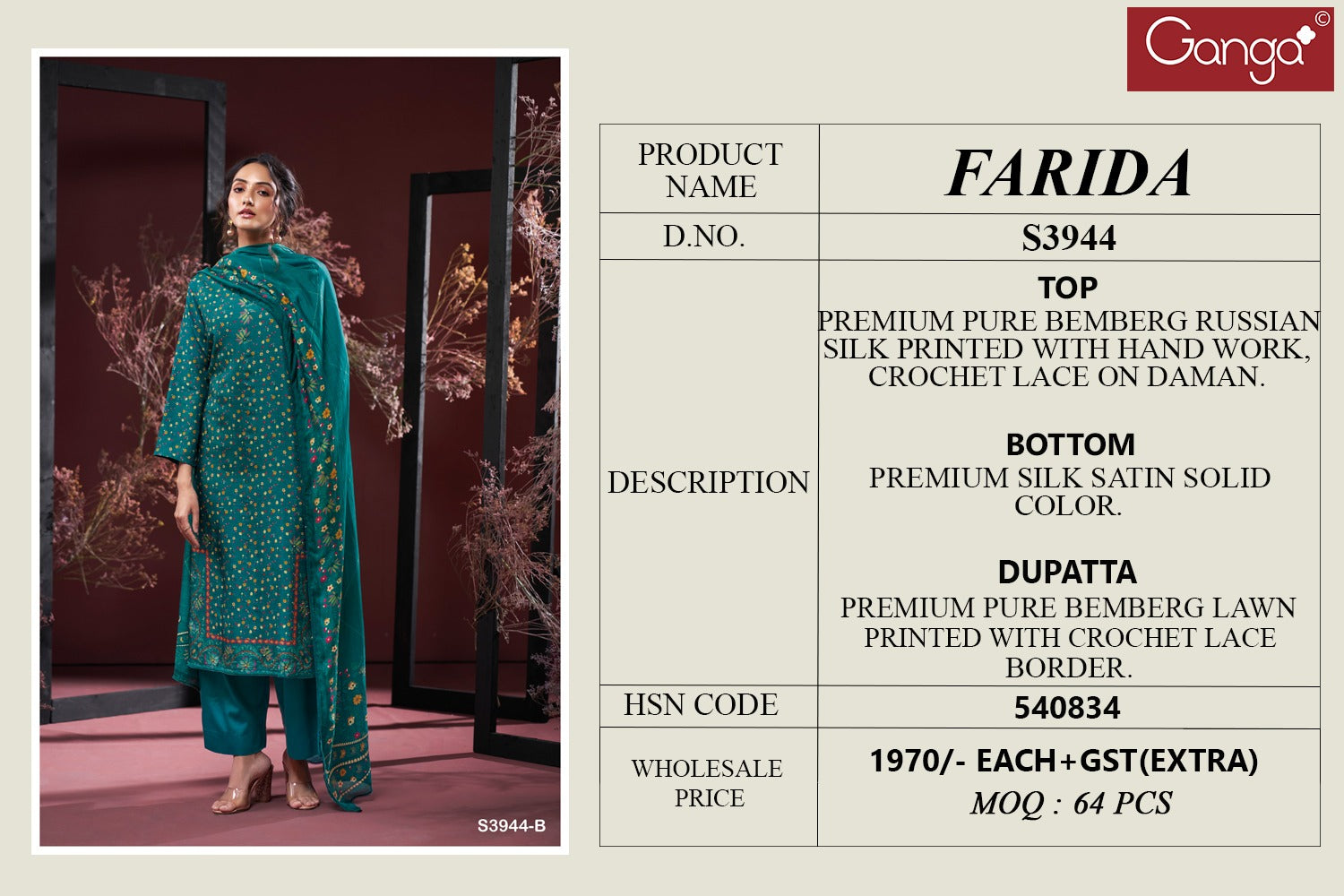 Farida 3944 Ganga Premium Bemberg Plazzo Style Suits Manufacturer