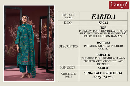 Farida 3944 Ganga Premium Bemberg Plazzo Style Suits Manufacturer
