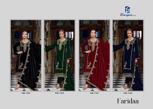 Faridaa 1118 Sargam Prints Velvet Suits Manufacturer Ahmedabad