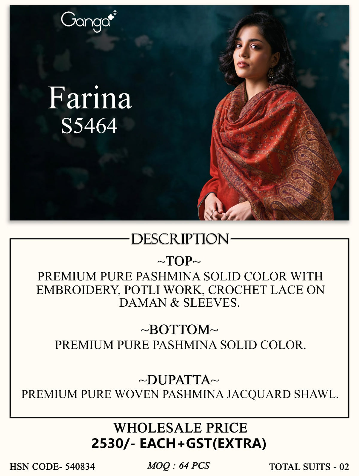 Farina S5464 Ganga Pashmina Suits Exporter India