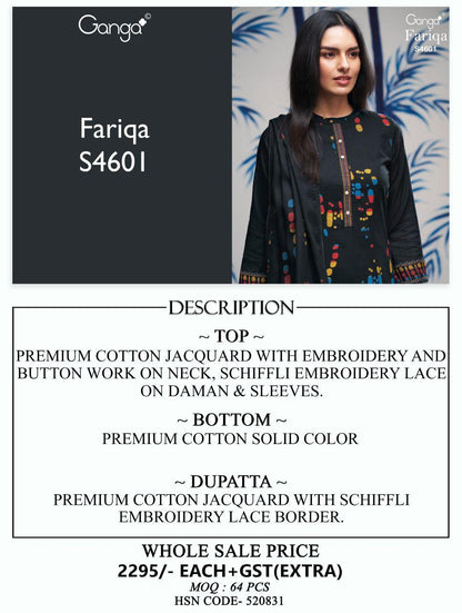 Fariqa 4601 Ganga Cotton Jacquard Pant Style Suits Wholesale Price