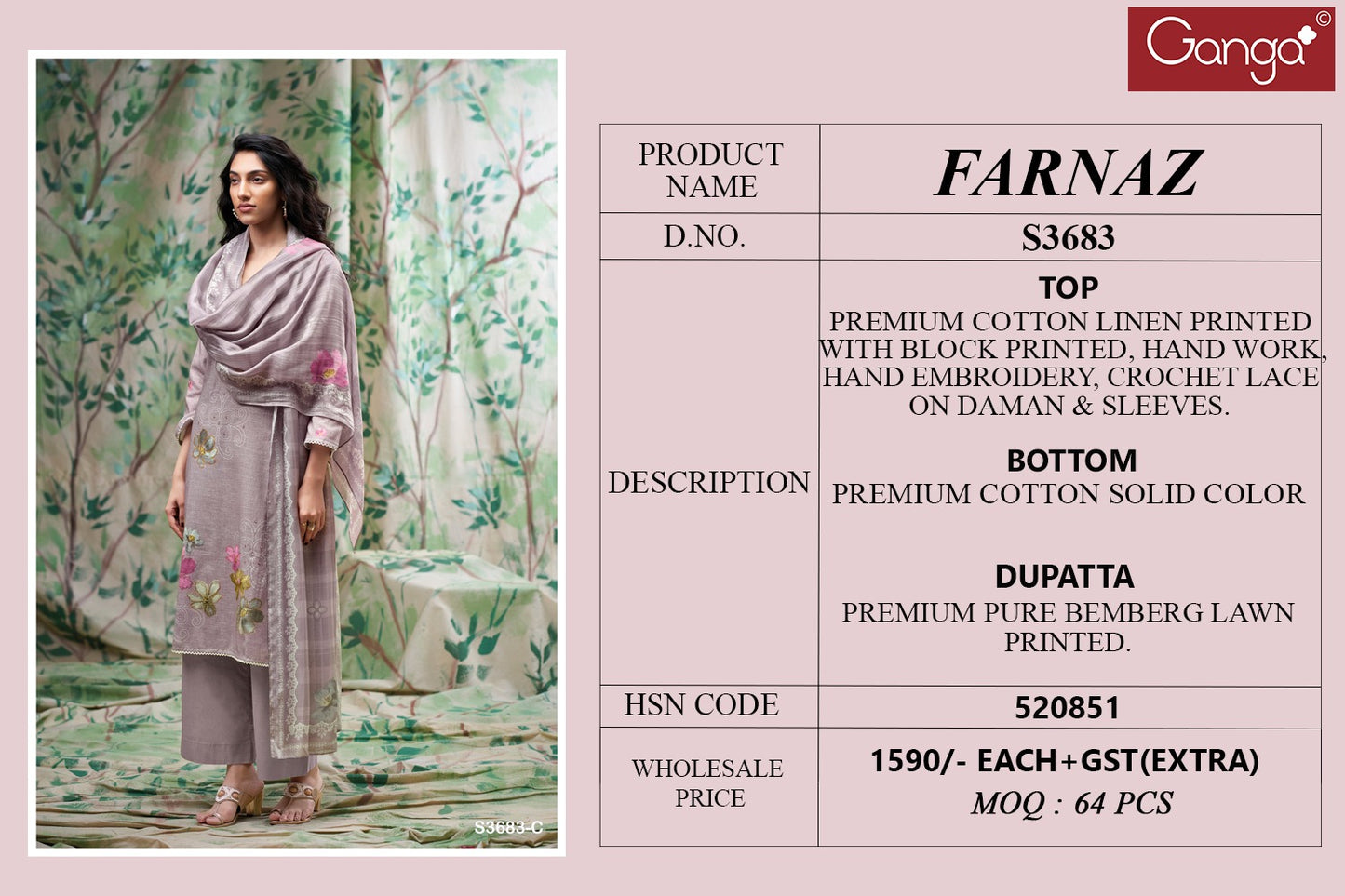 Farnaz 3683 Ganga Cotton Linen Pant Style Suits Wholesaler