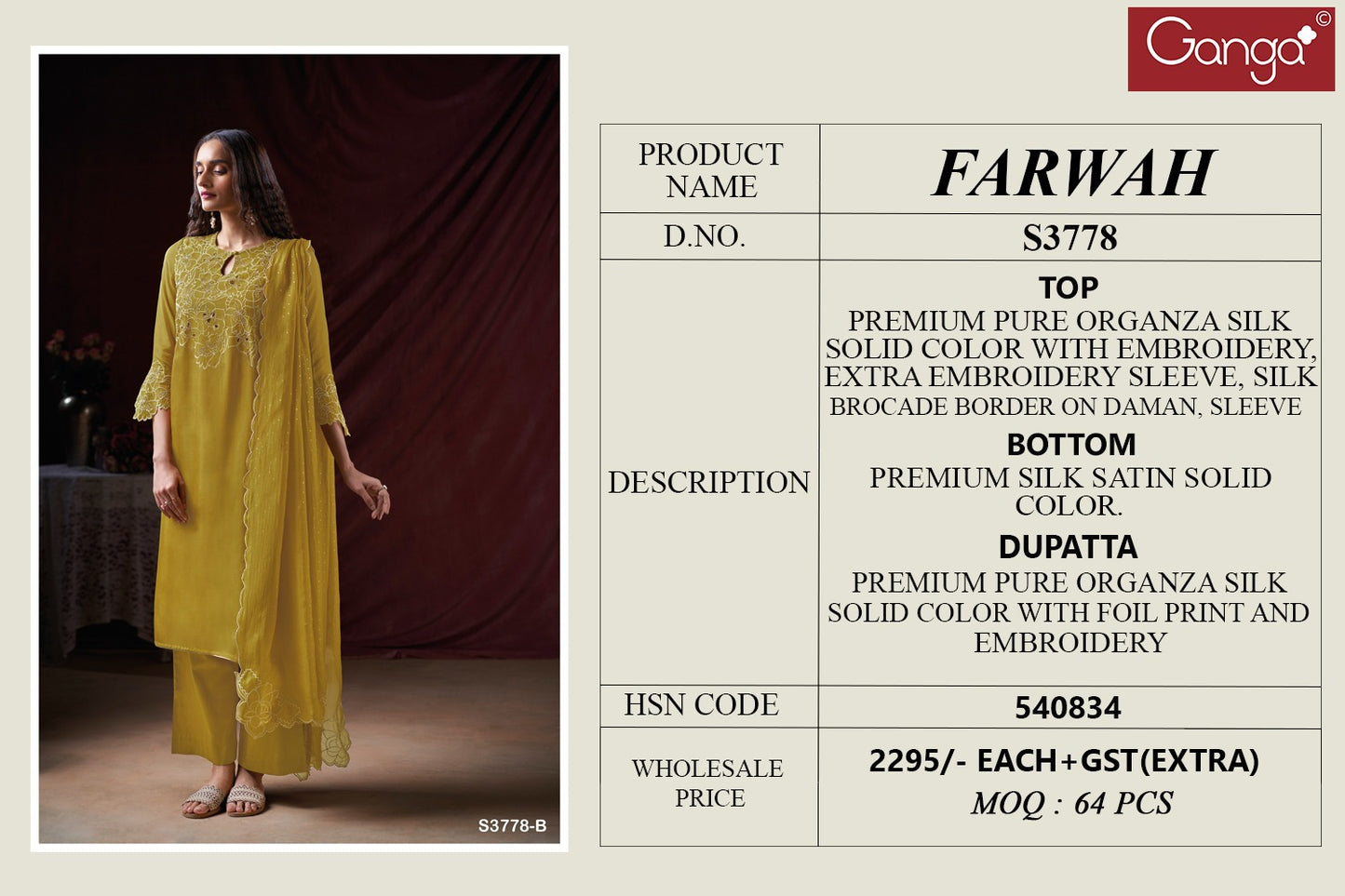 Farwah 3778 Ganga Pure Organza Plazzo Style Suits Wholesale Price