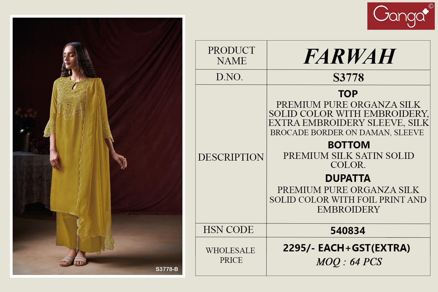 Farwah 3778 Ganga Pure Organza Plazzo Style Suits Wholesale Price