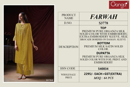 Farwah 3778 Ganga Pure Organza Plazzo Style Suits Wholesale Price