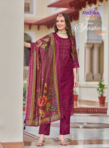 Fashion Diva Vol 1 Radhika Lifestyle Chanderi Silk Readymade Pant Style Suits Exporter Gujarat