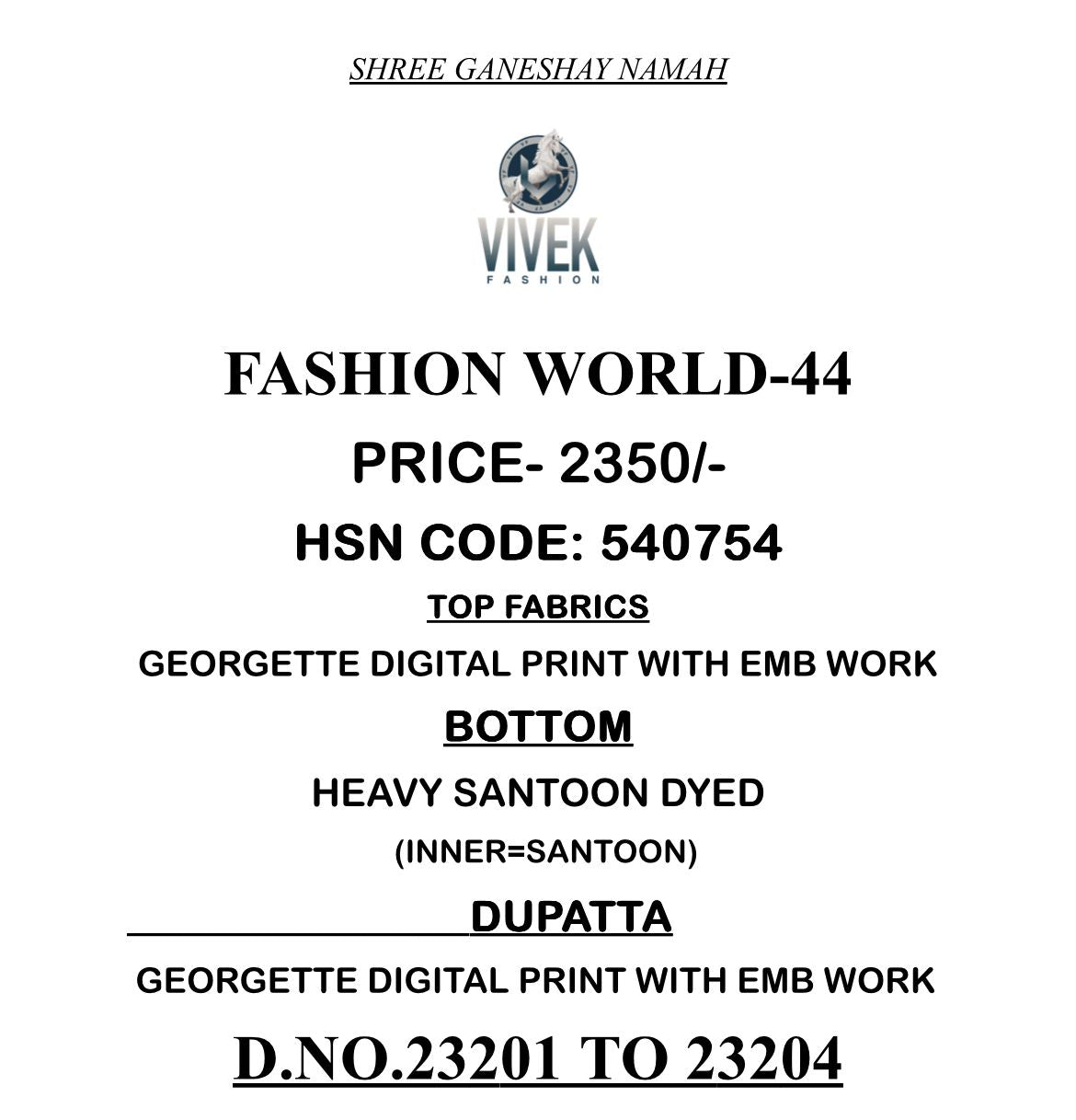 Fashion World Vol 44 Vivek Georgette Pant Style Suits Manufacturer Ahmedabad