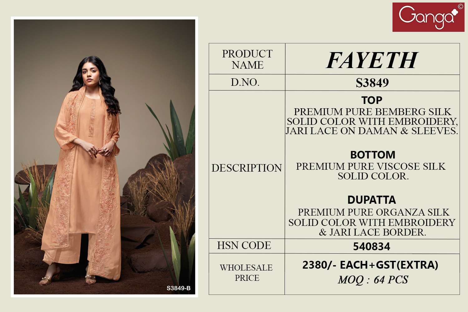 Fayeth 3849 Ganga Premium Bemberg Plazzo Style Suits Wholesale Price