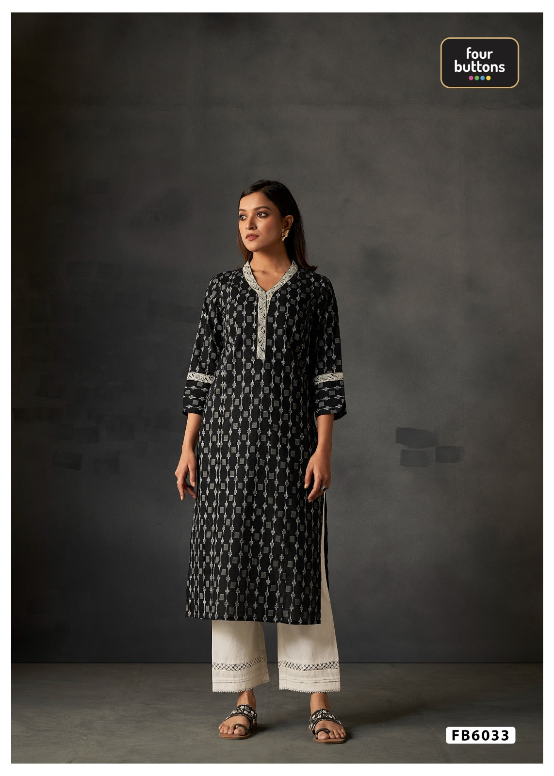 Fb 6033 Four Buttons Cotton Kurti Bottom Set