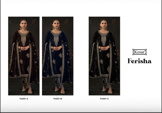 Ferisha 94001 Kesar Crush Velvet Suits Supplier Gujarat