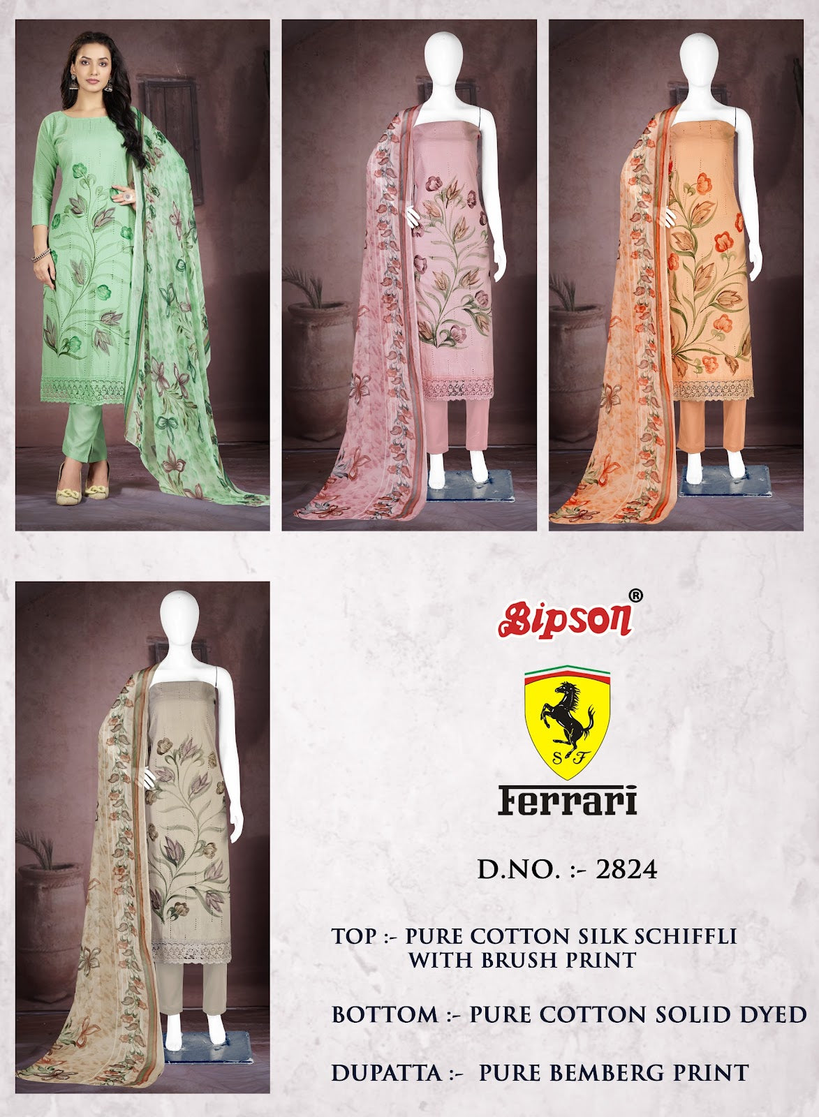 Ferrari 2824 Bipson Prints Cotton Silk Pant Style Suits Exporter Gujarat