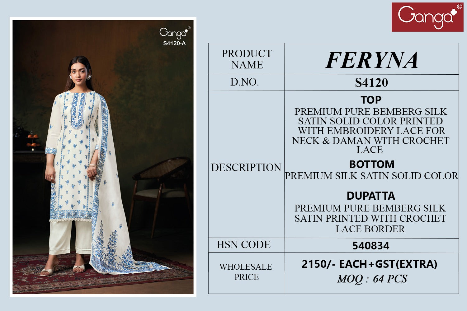 Feryna 4120 Ganga Bemberg Silk Salwar Suits Supplier India