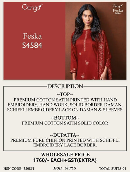 Feska S4584 Ganga Cotton Satin Pant Style Suits Wholesale Rate