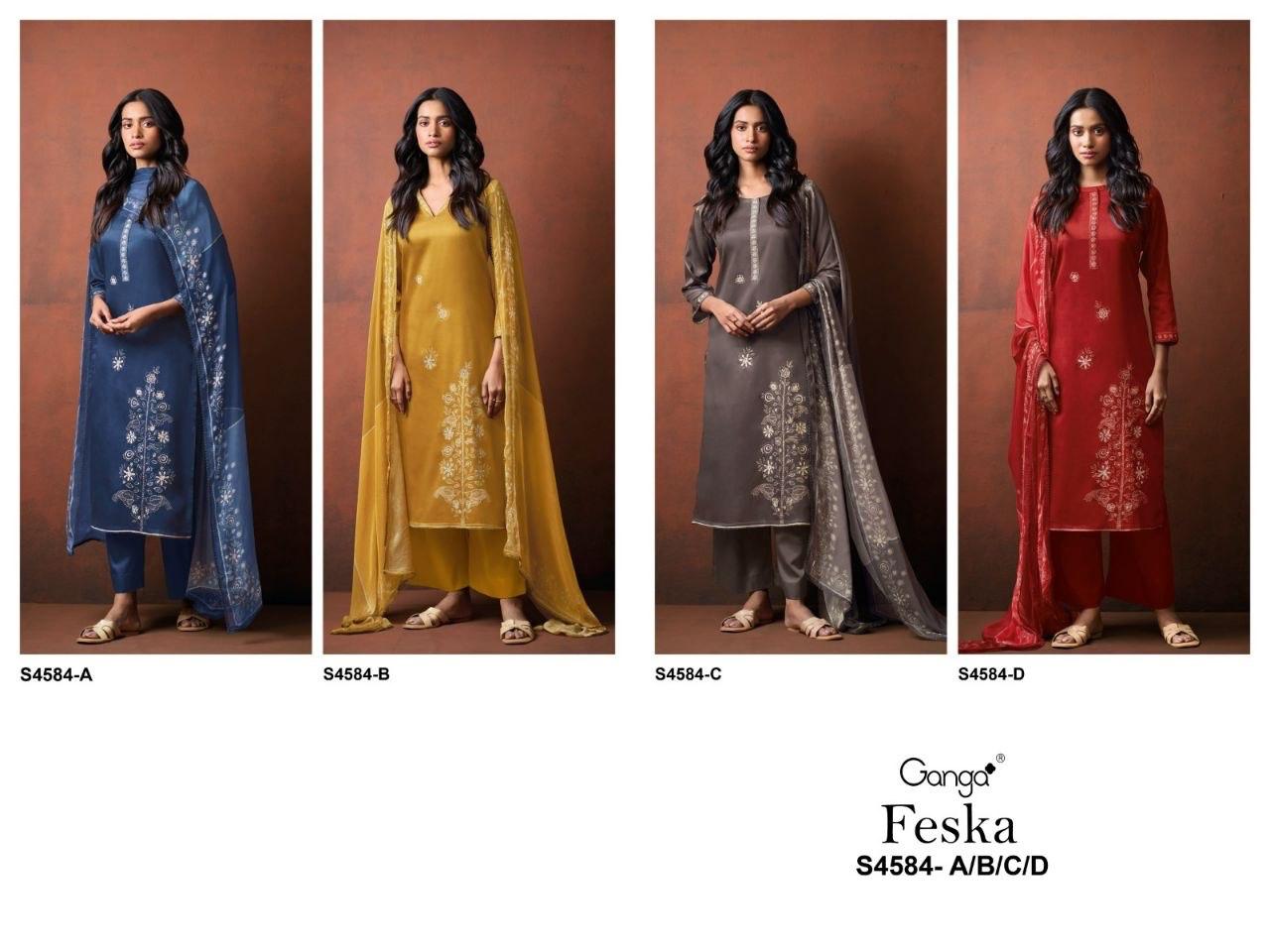 Feska S4584 Ganga Cotton Satin Pant Style Suits Wholesale Rate