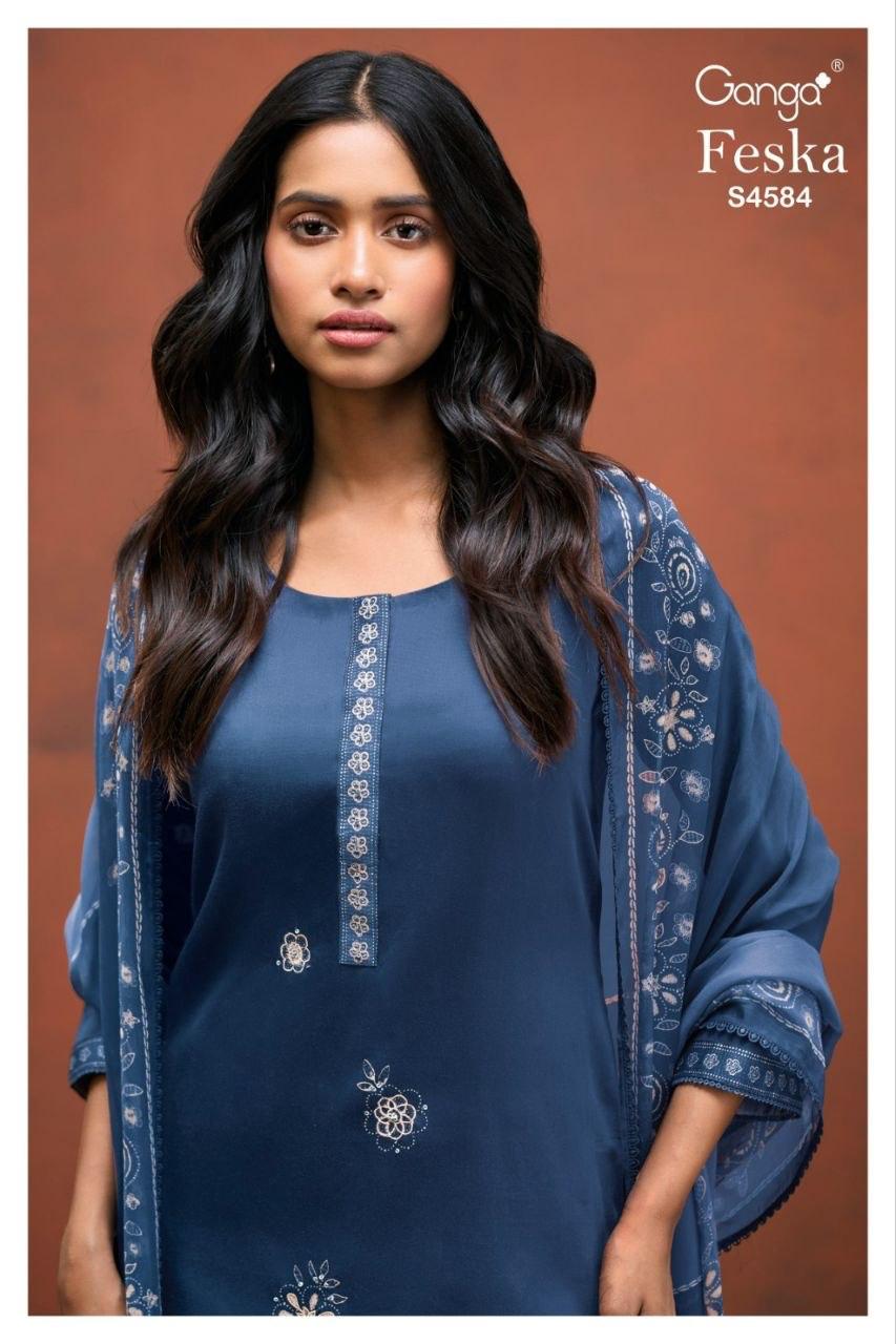 Feska S4584 Ganga Cotton Satin Pant Style Suits Wholesale Rate