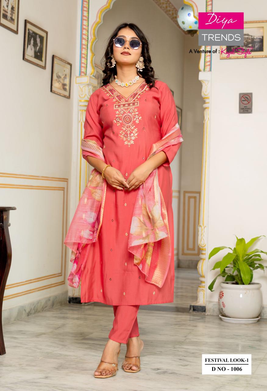 Festival Look 1 Diya Trends Roman Silk Readymade Pant Style Suits Manufacturer Ahmedabad