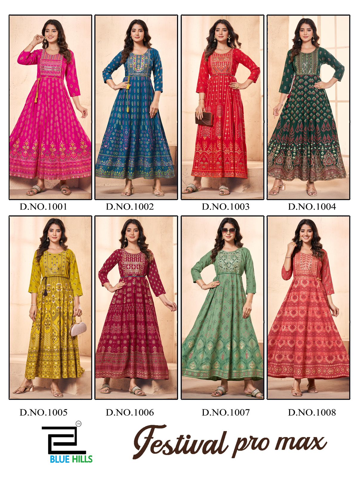Festival Pro Max Blue Hills Rayon 14Kg Anarkali Kurtis Wholesale