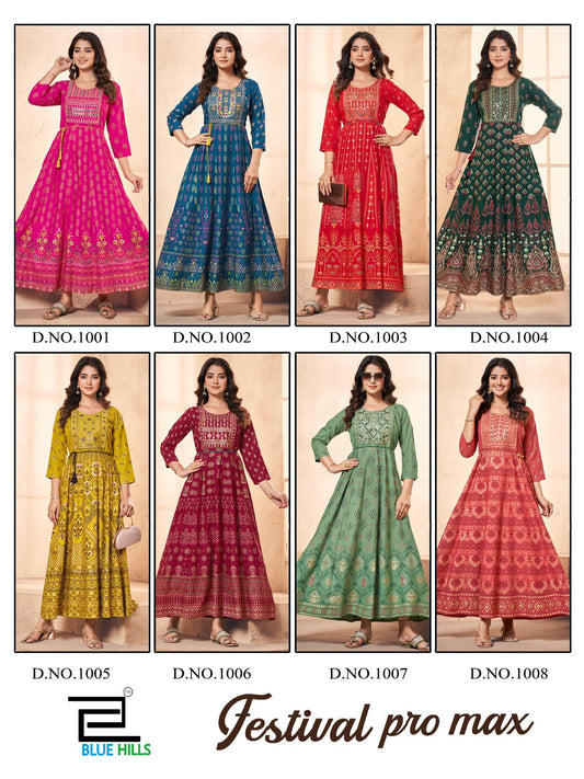 Festival Pro Max Blue Hills Rayon 14Kg Anarkali Kurtis Wholesale
