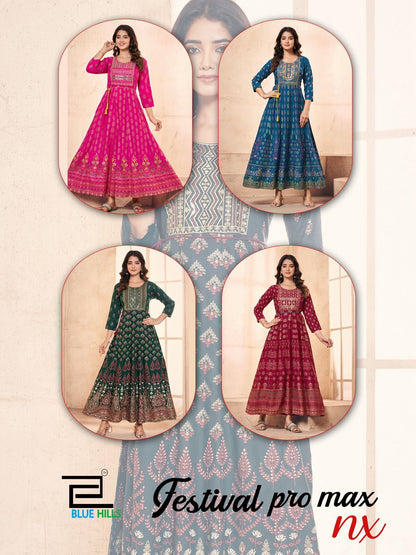 Festival Pro Max Nx Blue Hills Rayon 14Kg Anarkali Kurtis Exporter Gujarat