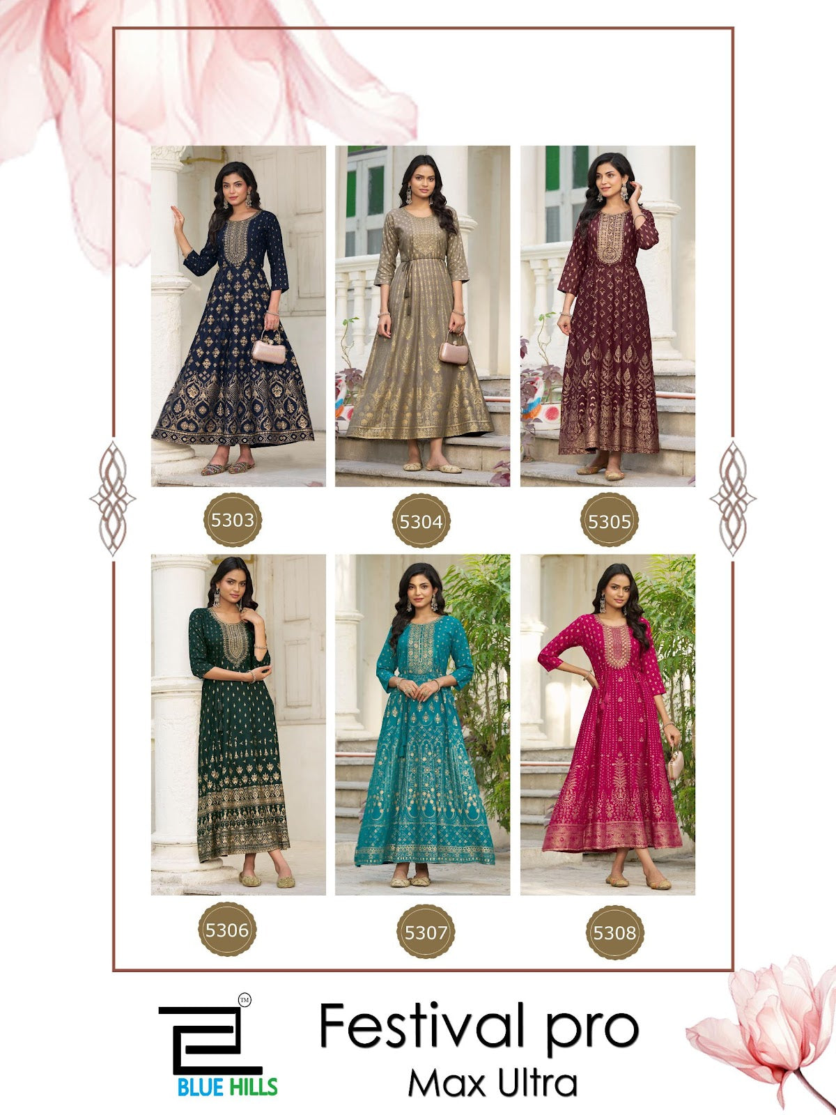 Festival Pro Max Ultra Blue Hills Rayon 14Kg Floor Length Kurtis Wholesaler Ahmedabad