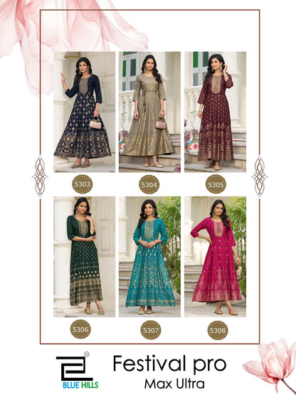 Festival Pro Max Ultra Blue Hills Rayon 14Kg Floor Length Kurtis Wholesaler Ahmedabad