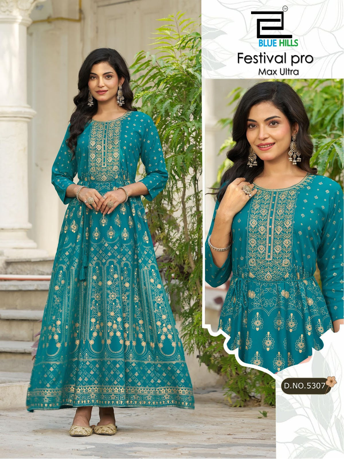 Festival Pro Max Ultra Blue Hills Rayon 14Kg Floor Length Kurtis Wholesaler Ahmedabad