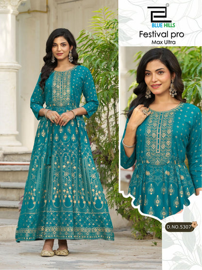 Festival Pro Max Ultra Blue Hills Rayon 14Kg Floor Length Kurtis Wholesaler Ahmedabad