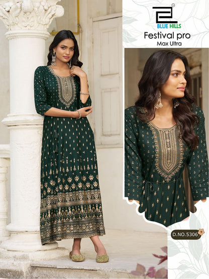 Festival Pro Max Ultra Blue Hills Rayon 14Kg Floor Length Kurtis Wholesaler Ahmedabad