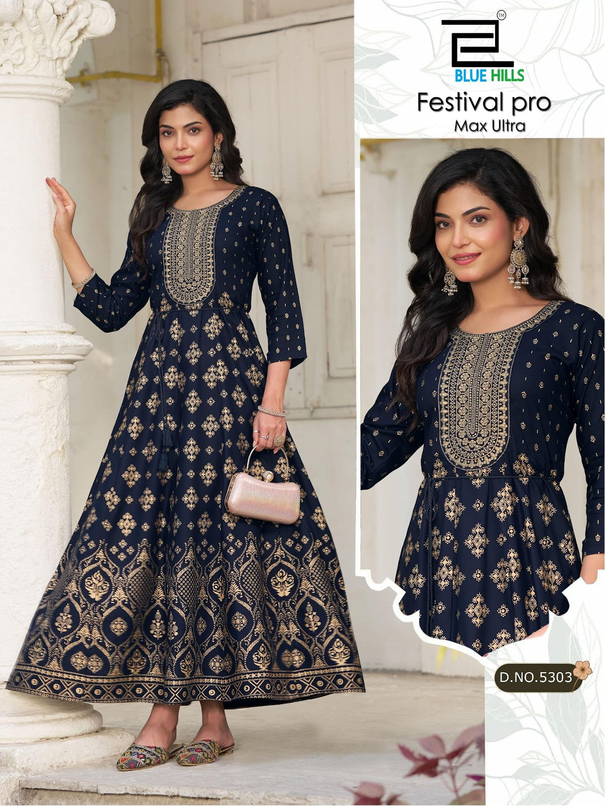 Festival Pro Max Ultra Blue Hills Rayon 14Kg Floor Length Kurtis Wholesaler Ahmedabad