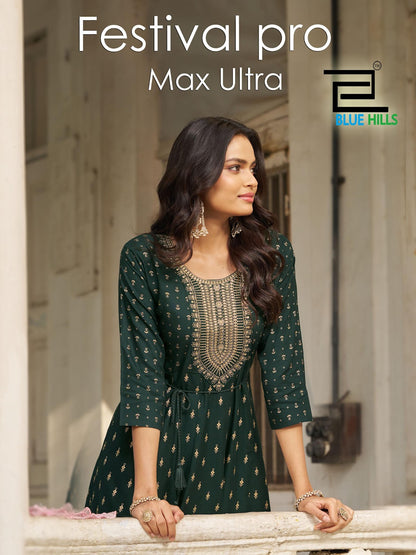 Festival Pro Max Ultra Blue Hills Rayon 14Kg Floor Length Kurtis Wholesaler Ahmedabad