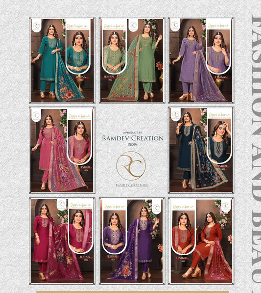 Festival Ramdev Creation Vertigan Readymade Pant Style Suits Wholesaler Gujarat