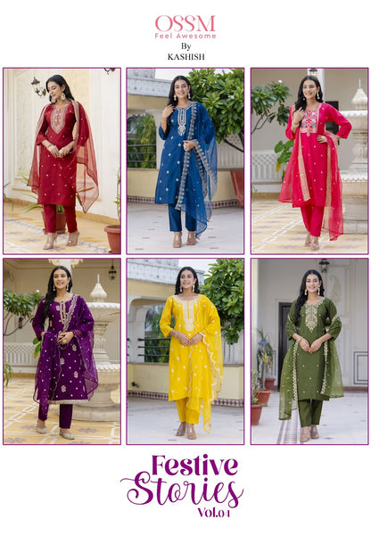 Festive Stories Vol 4 Ossm Roman Silk Readymade Pant Style Suits Wholesale Price