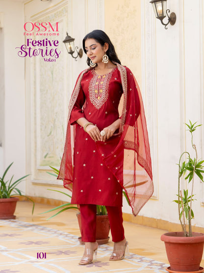 Festive Stories Vol 4 Ossm Roman Silk Readymade Pant Style Suits Wholesale Price