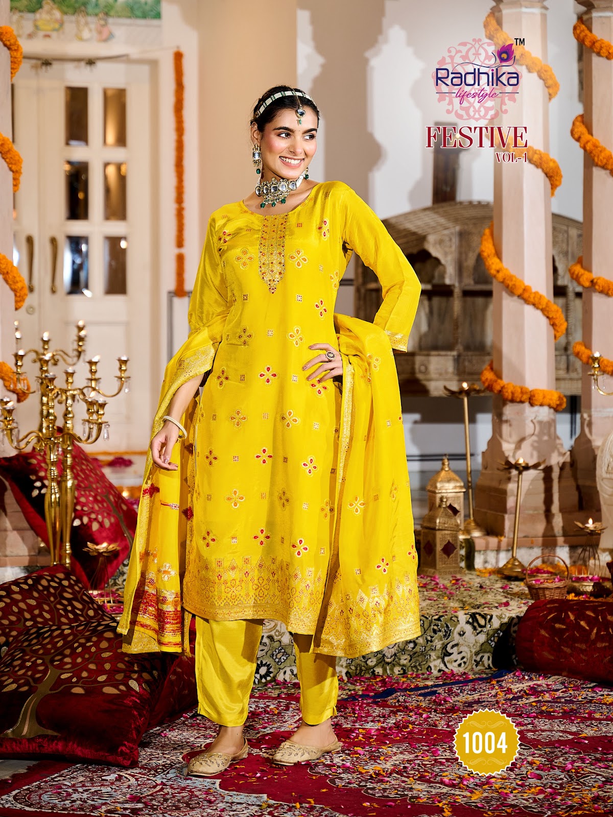 Festive Vol 1 Radhika Lifestyle Silk Jacquard Readymade Pant Style Suits Wholesaler Ahmedabad