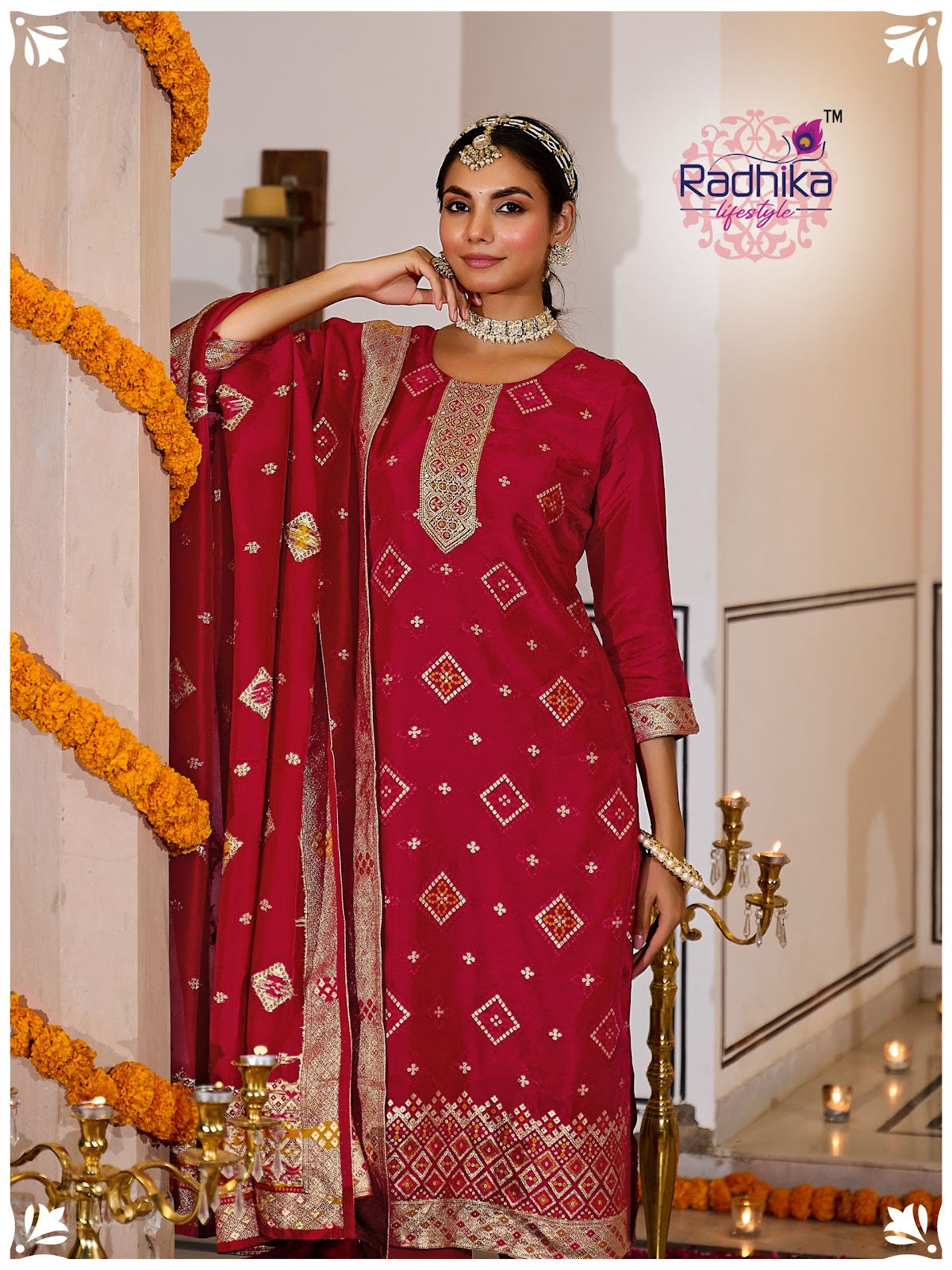 Festive Vol 1 Radhika Lifestyle Silk Jacquard Readymade Pant Style Suits Wholesaler Ahmedabad