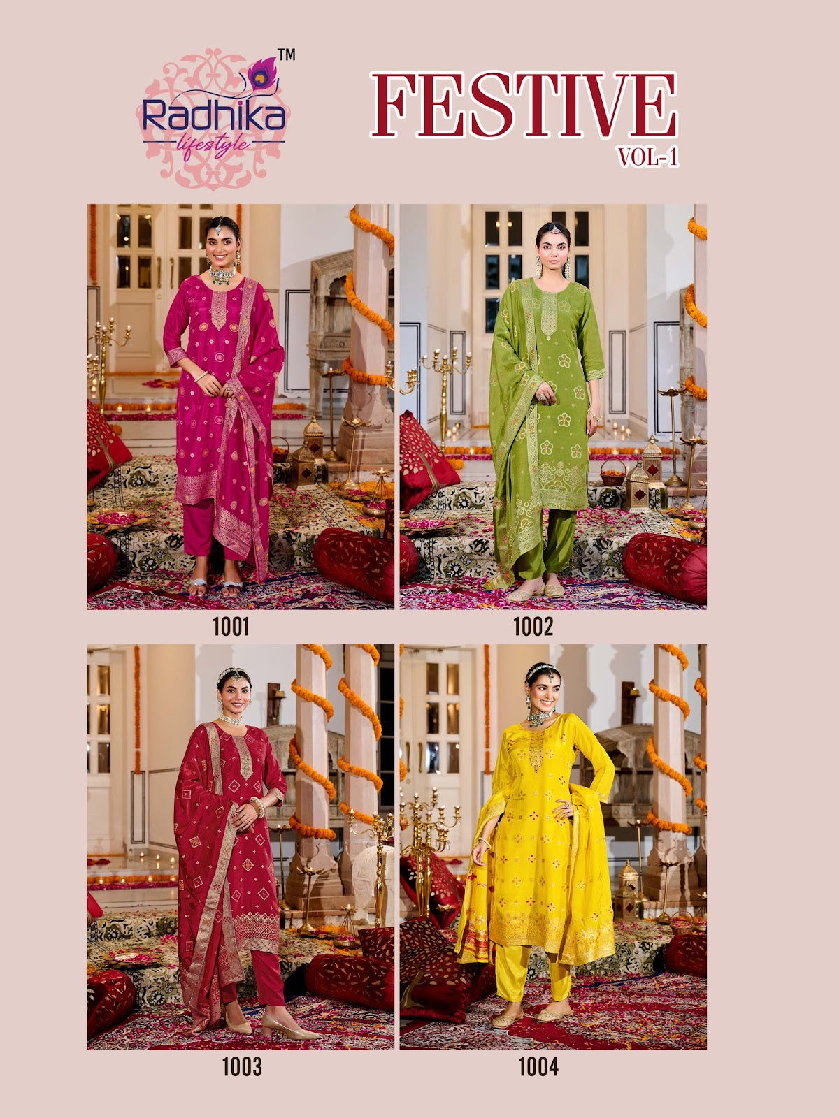 Festive Vol 1 Radhika Lifestyle Silk Jacquard Readymade Pant Style Suits Wholesaler Ahmedabad