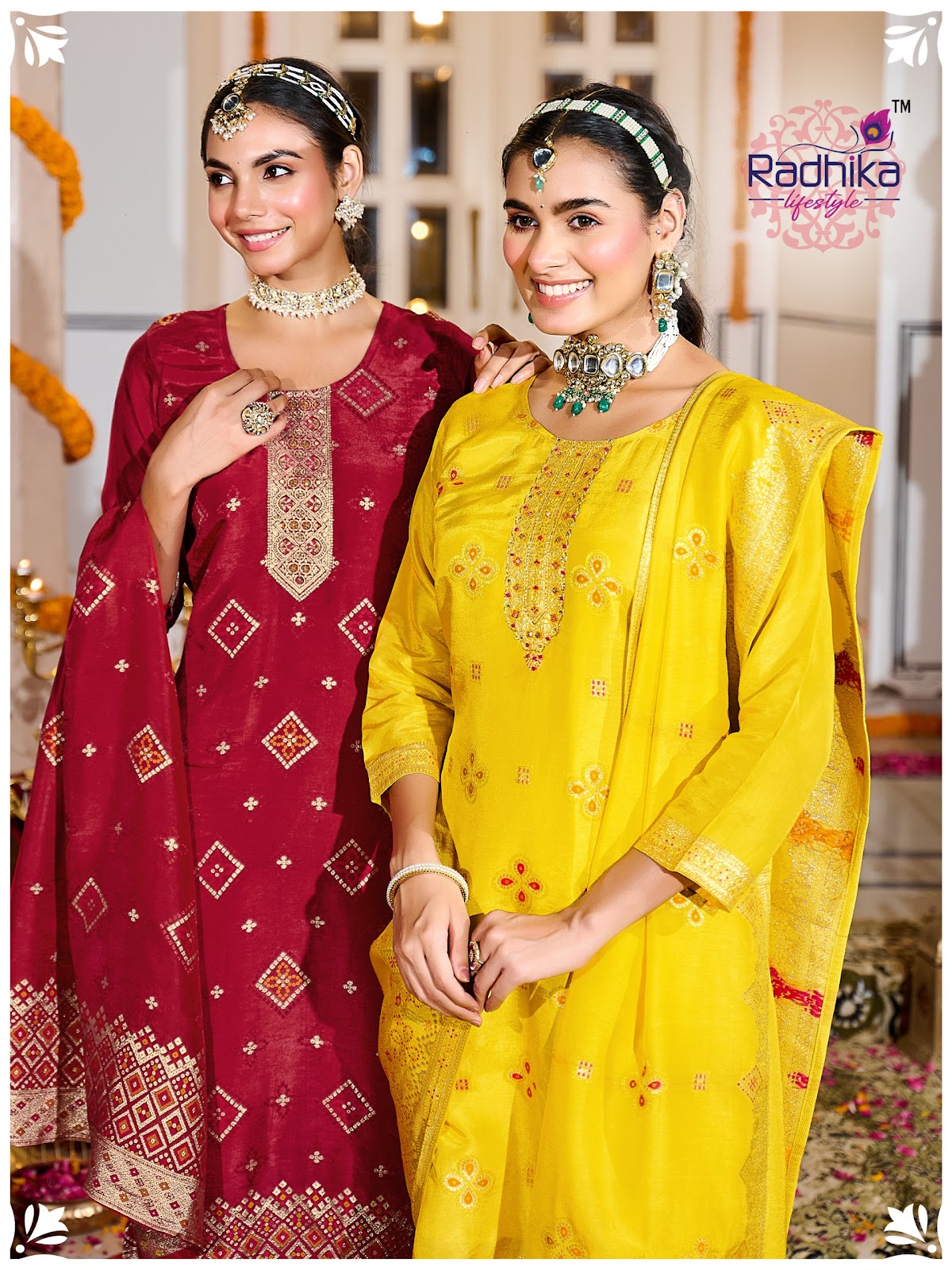 Festive Vol 1 Radhika Lifestyle Silk Jacquard Readymade Pant Style Suits Wholesaler Ahmedabad