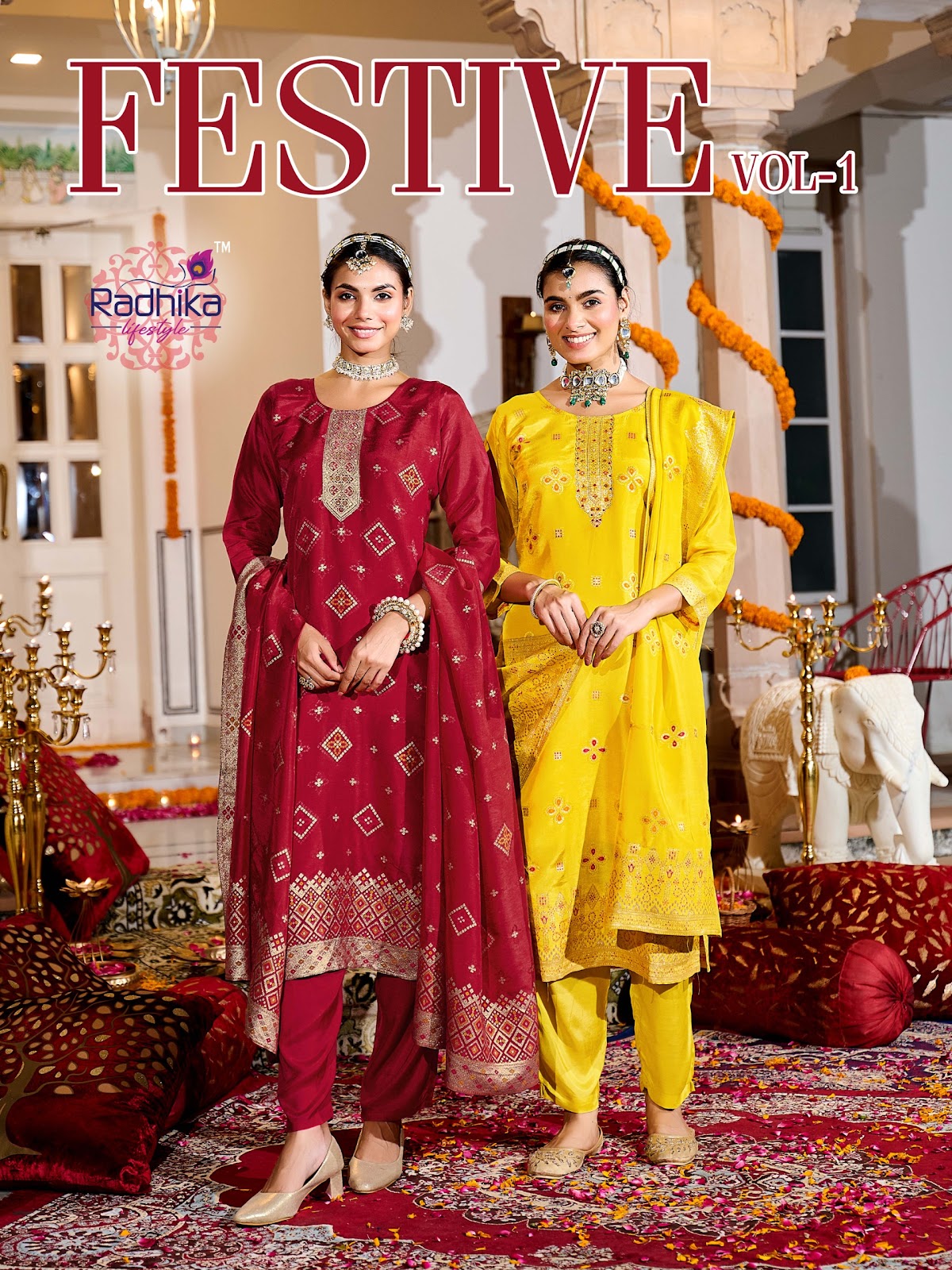 Festive Vol 1 Radhika Lifestyle Silk Jacquard Readymade Pant Style Suits Wholesaler Ahmedabad