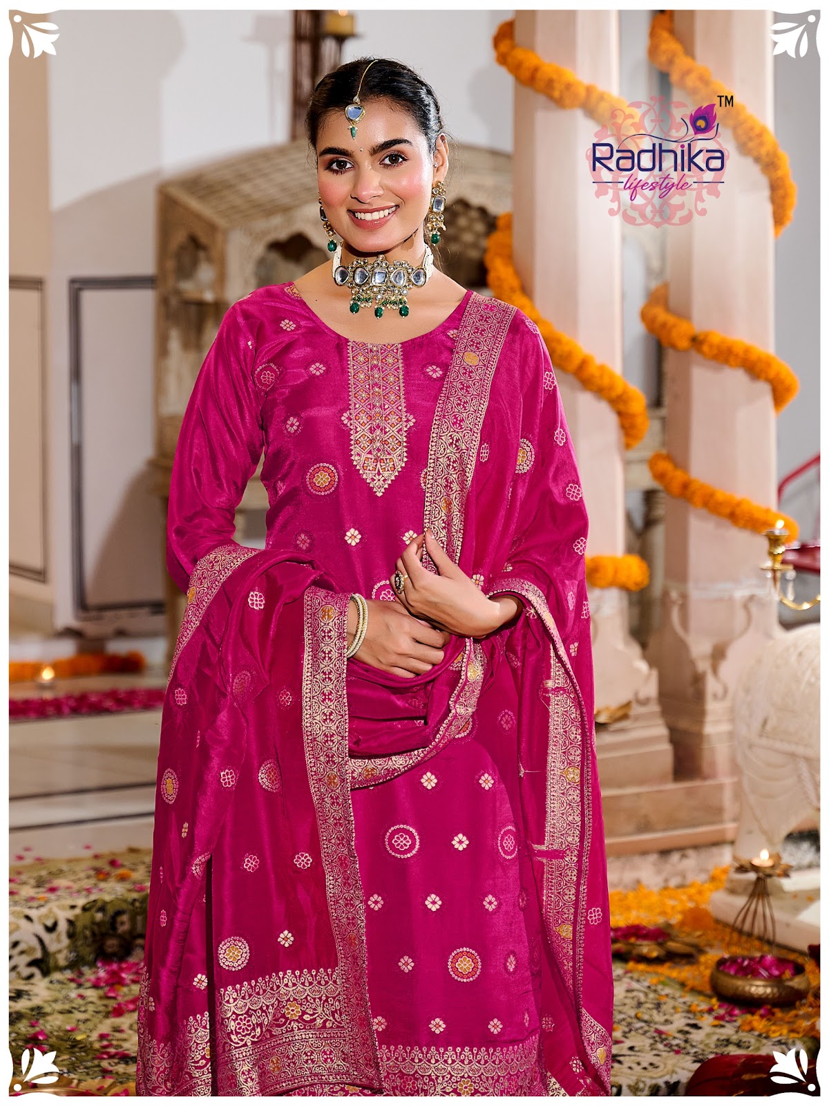 Festive Vol 1 Radhika Lifestyle Silk Jacquard Readymade Pant Style Suits Wholesaler Ahmedabad