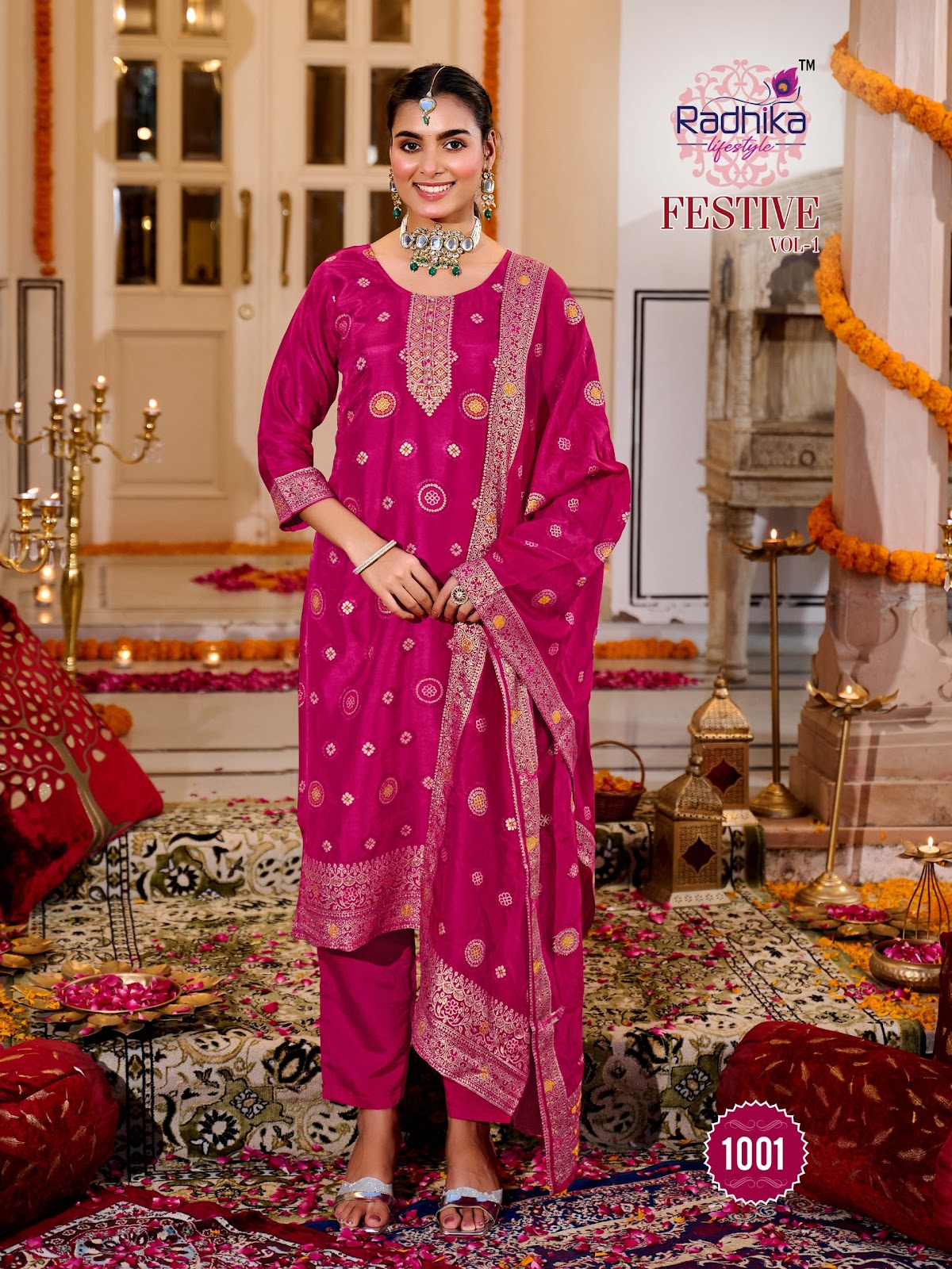Festive Vol 1 Radhika Lifestyle Silk Jacquard Readymade Pant Style Suits Wholesaler Ahmedabad
