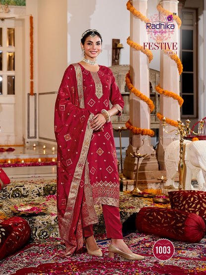 Festive Vol 1 Radhika Lifestyle Silk Jacquard Readymade Pant Style Suits Wholesaler Ahmedabad