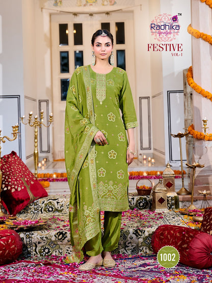 Festive Vol 1 Radhika Lifestyle Silk Jacquard Readymade Pant Style Suits Wholesaler Ahmedabad