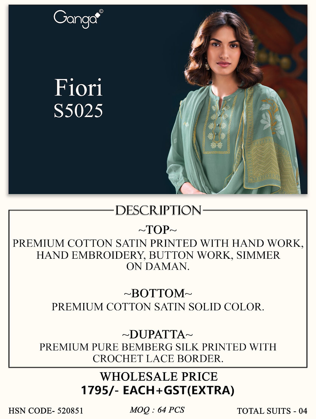 Fiori S5025 Ganga Cotton Satin Plazzo Style Suits Exporter Gujarat